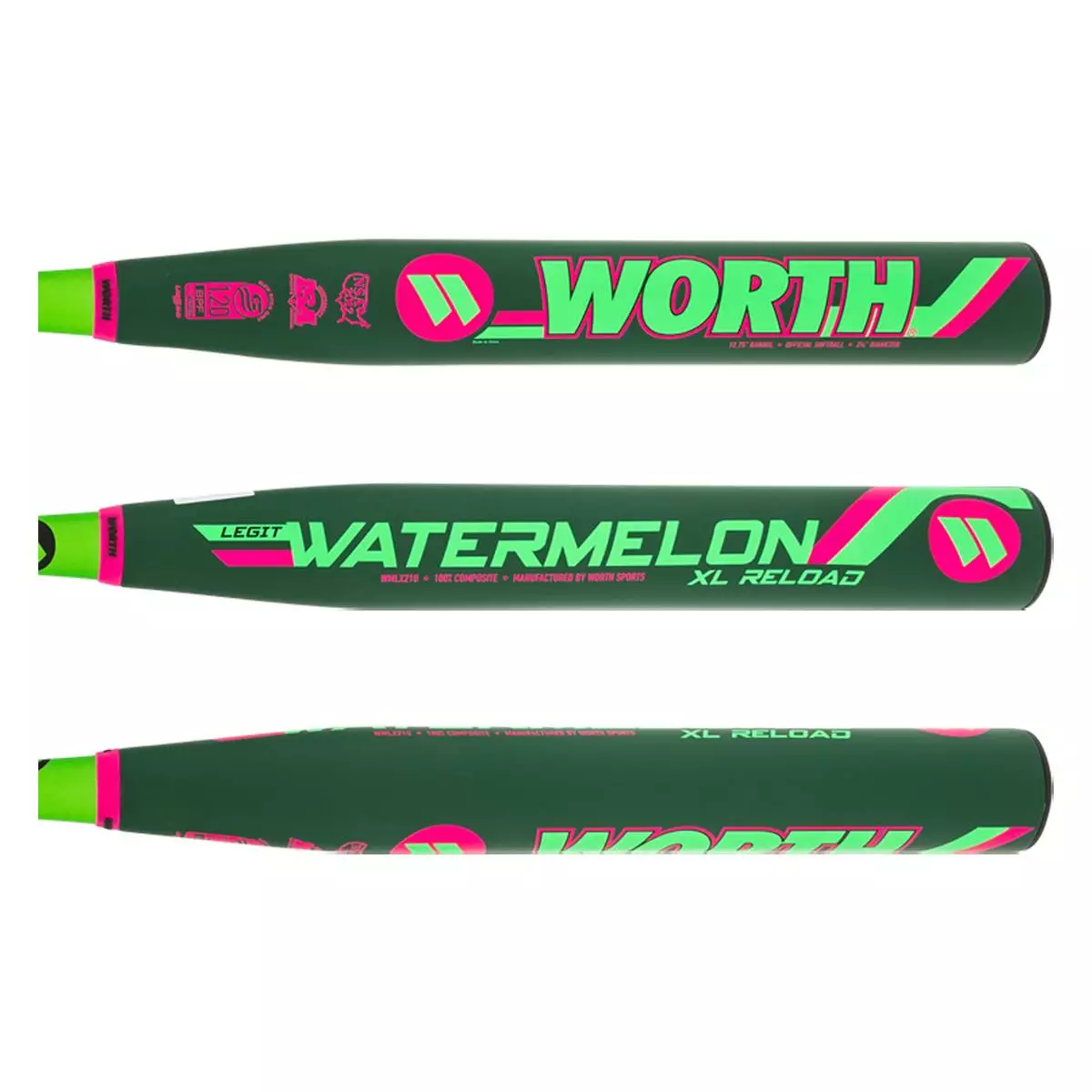 Worth Legit Watermelon 12.75" XL USSSA 240 Slow Pitch Softball Bat: WMLX21U Black, Green, Pink 4 Worth Legit Watermelon 12.75" XL USSSA 240 Slow Pitch Softball Bat: WMLX21U Black, Green, Pink - Image 2