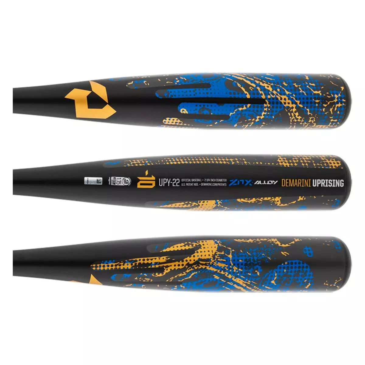 2022 DeMarini Uprising -10 USSSA Junior Big Barrel Baseball Bat: WBD2234010 Black, Blue, Gold 4 2022 DeMarini Uprising -10 USSSA Junior Big Barrel Baseball Bat: WBD2234010 Black, Blue, Gold - Image 2