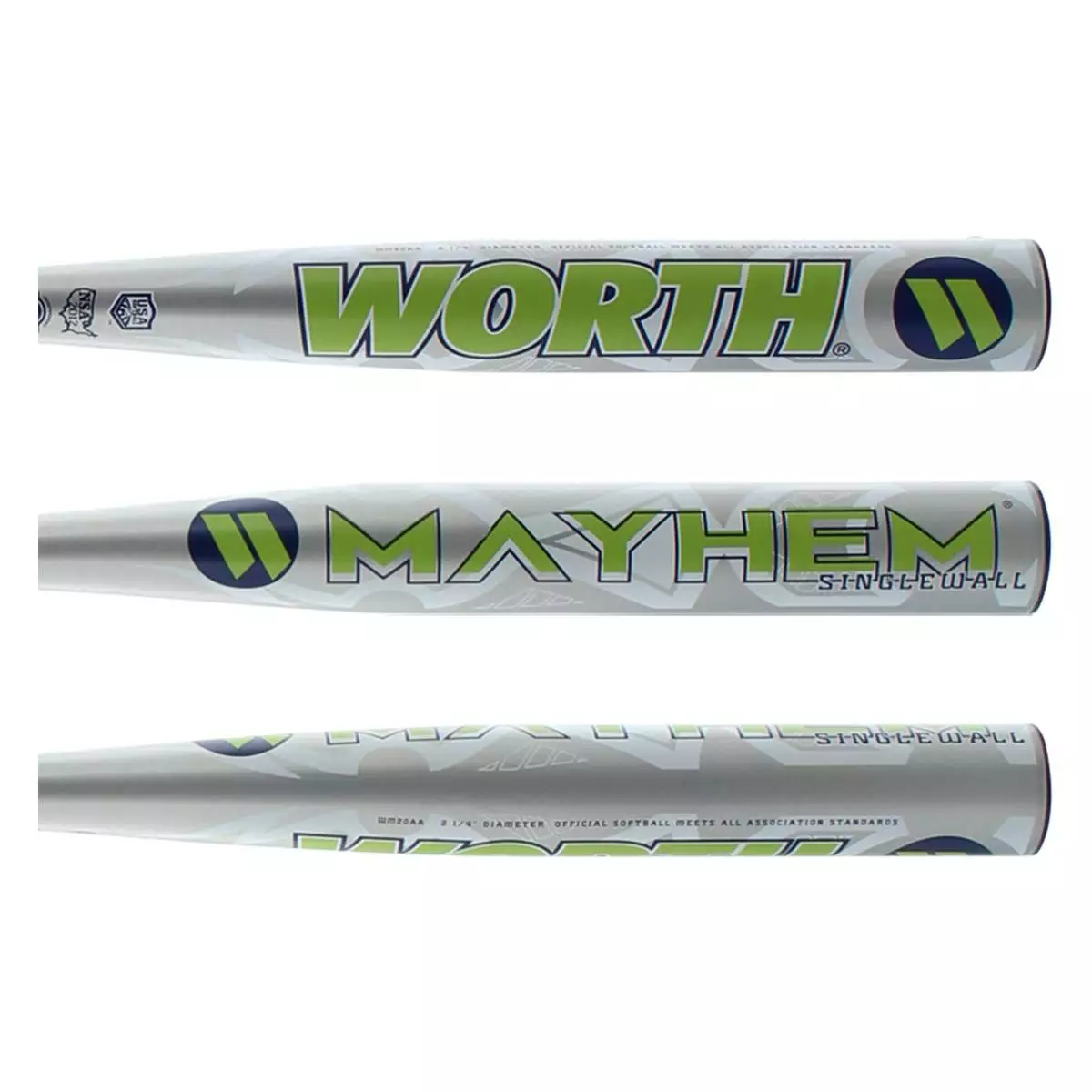 Worth Mayhem Alloy Dual Stamp Slow Pitch Softball Bat: WM20AA Green, Blue, Silver 4 Worth Mayhem Alloy Dual Stamp Slow Pitch Softball Bat: WM20AA Green, Blue, Silver - Image 2