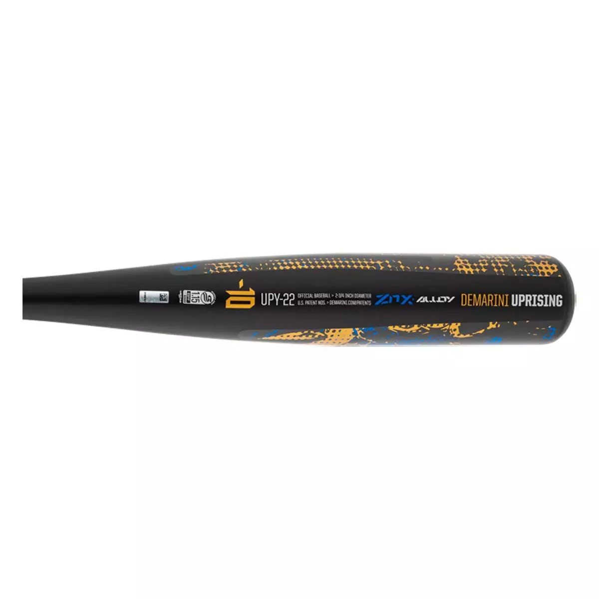 2022 DeMarini Uprising -10 USSSA Junior Big Barrel Baseball Bat: WBD2234010 Black, Blue, Gold 5 2022 DeMarini Uprising -10 USSSA Junior Big Barrel Baseball Bat: WBD2234010 Black, Blue, Gold - Image 3