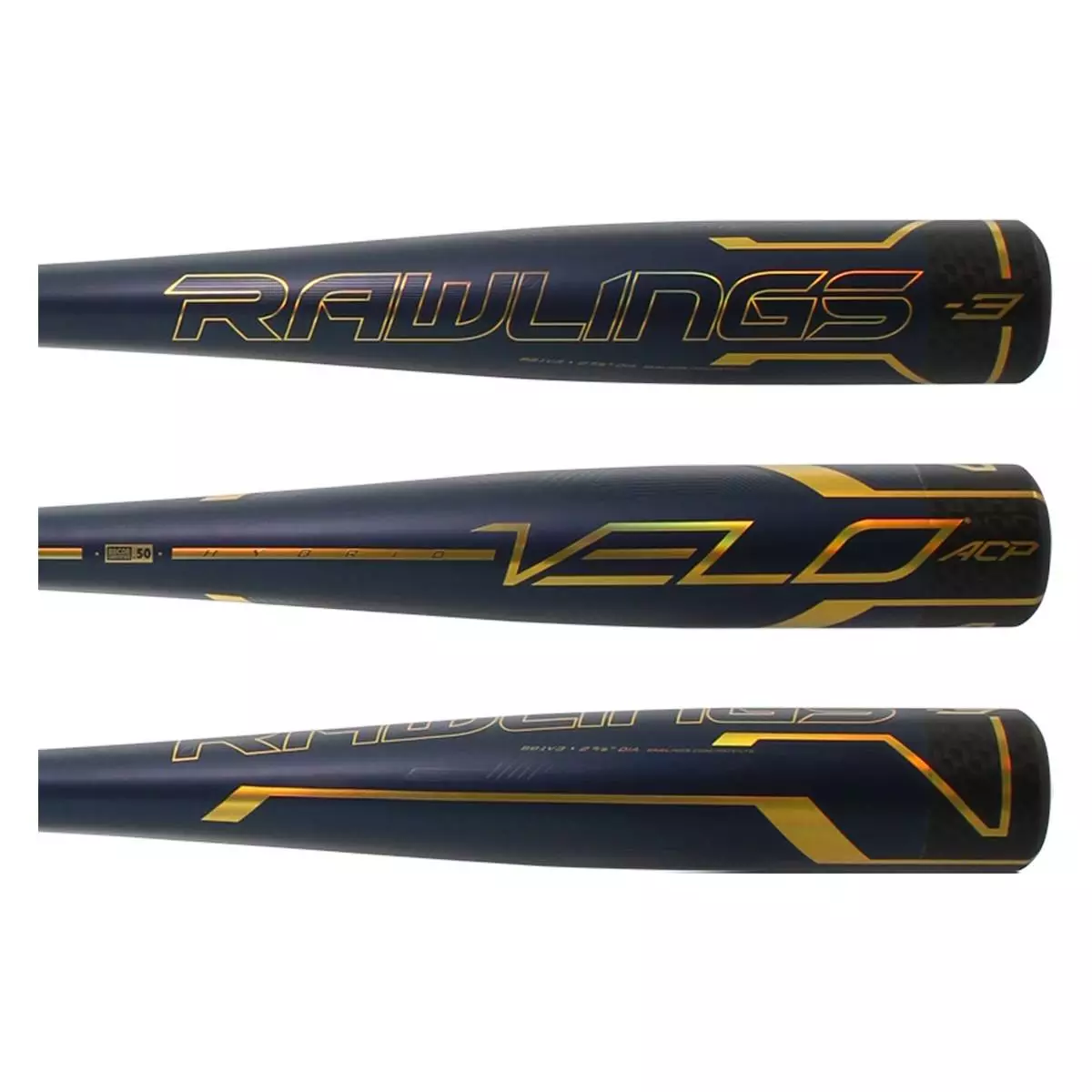 Rawlings Velo ACP BBCOR Baseball Bat: BB1V3 Gold, Navy 4 Rawlings Velo ACP BBCOR Baseball Bat: BB1V3 Gold, Navy - Image 2