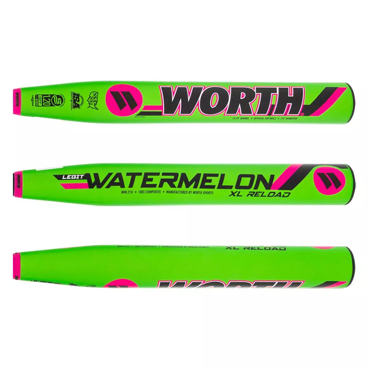 Worth Legit Watermelon 13.75" XL USSSA 240 Slow Pitch Softball Bat: WML21U Black, Green, Pink 4 Worth Legit Watermelon 13.75" XL USSSA 240 Slow Pitch Softball Bat: WML21U Black, Green, Pink - Image 2